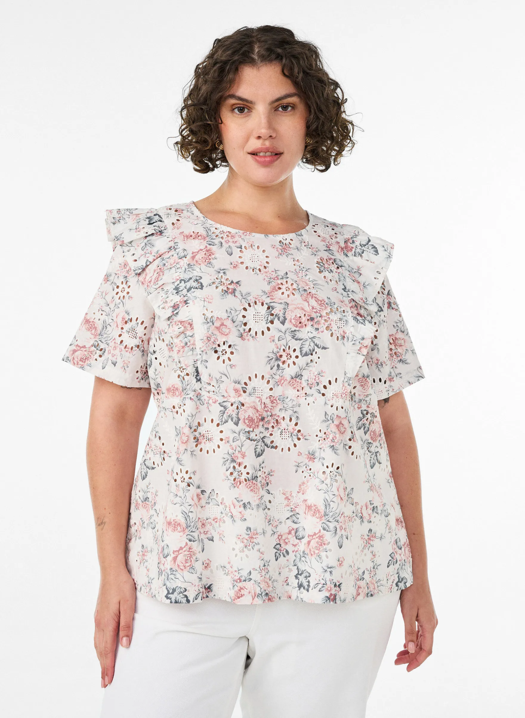 Bluse aus Baumwolle mit Broderie Anglaise und Rüschen