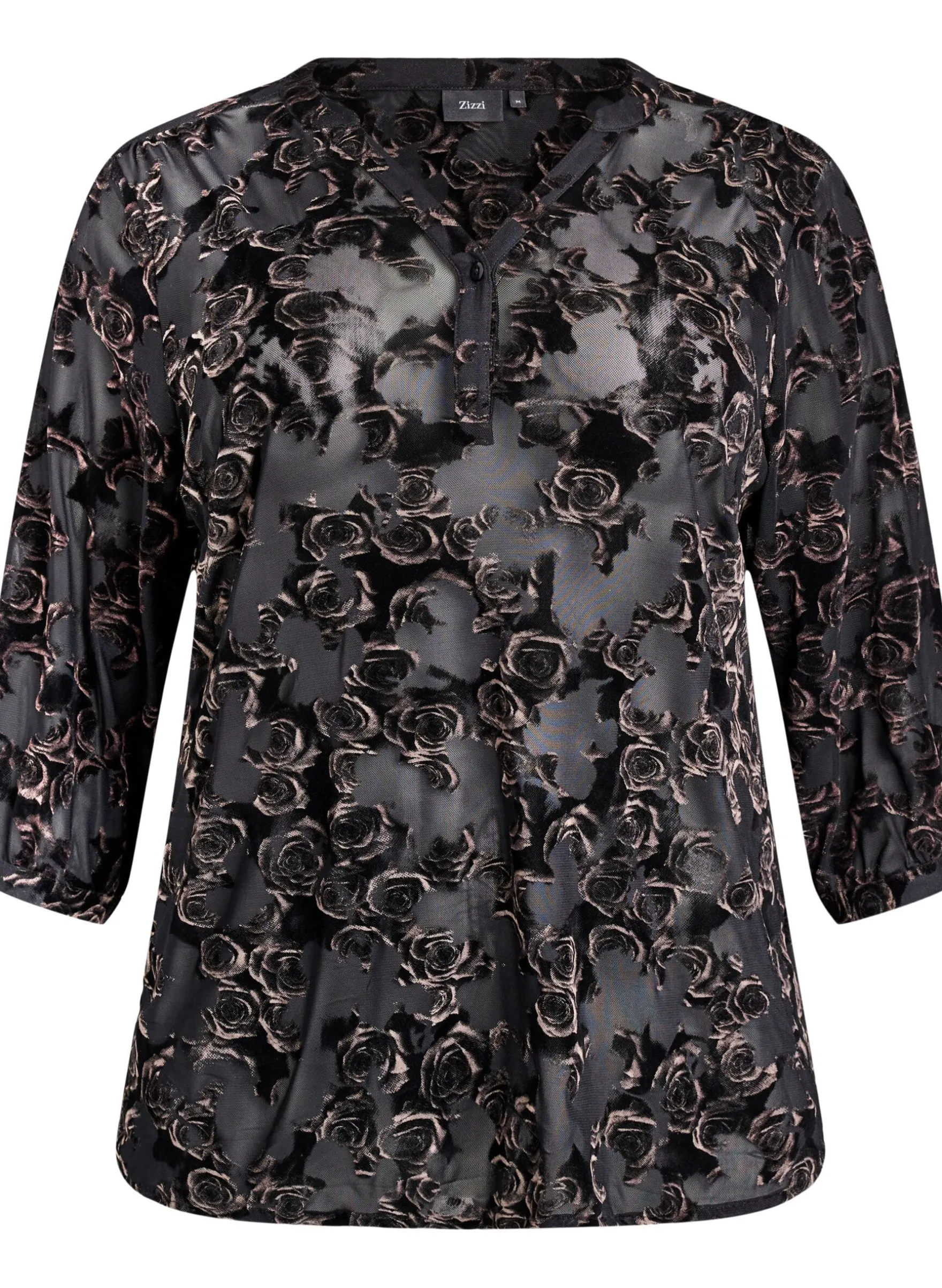 Bluse aus Mesh mit Veloursrosen und 3/4-Ärmeln