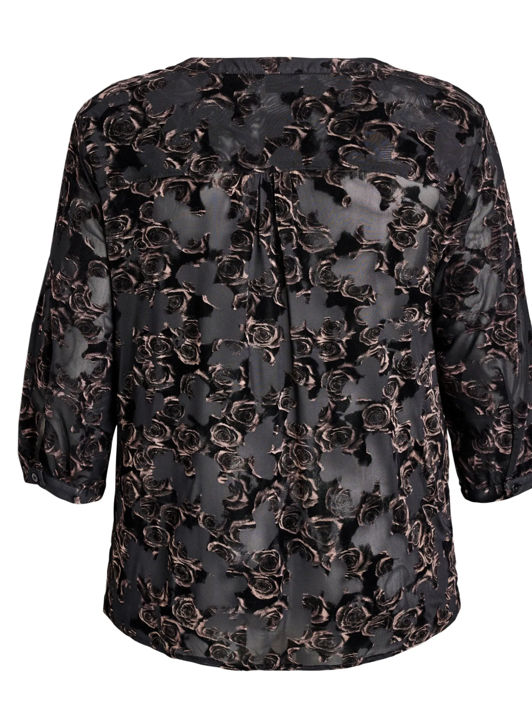 Bluse aus Mesh mit Veloursrosen und 3/4-Ärmeln