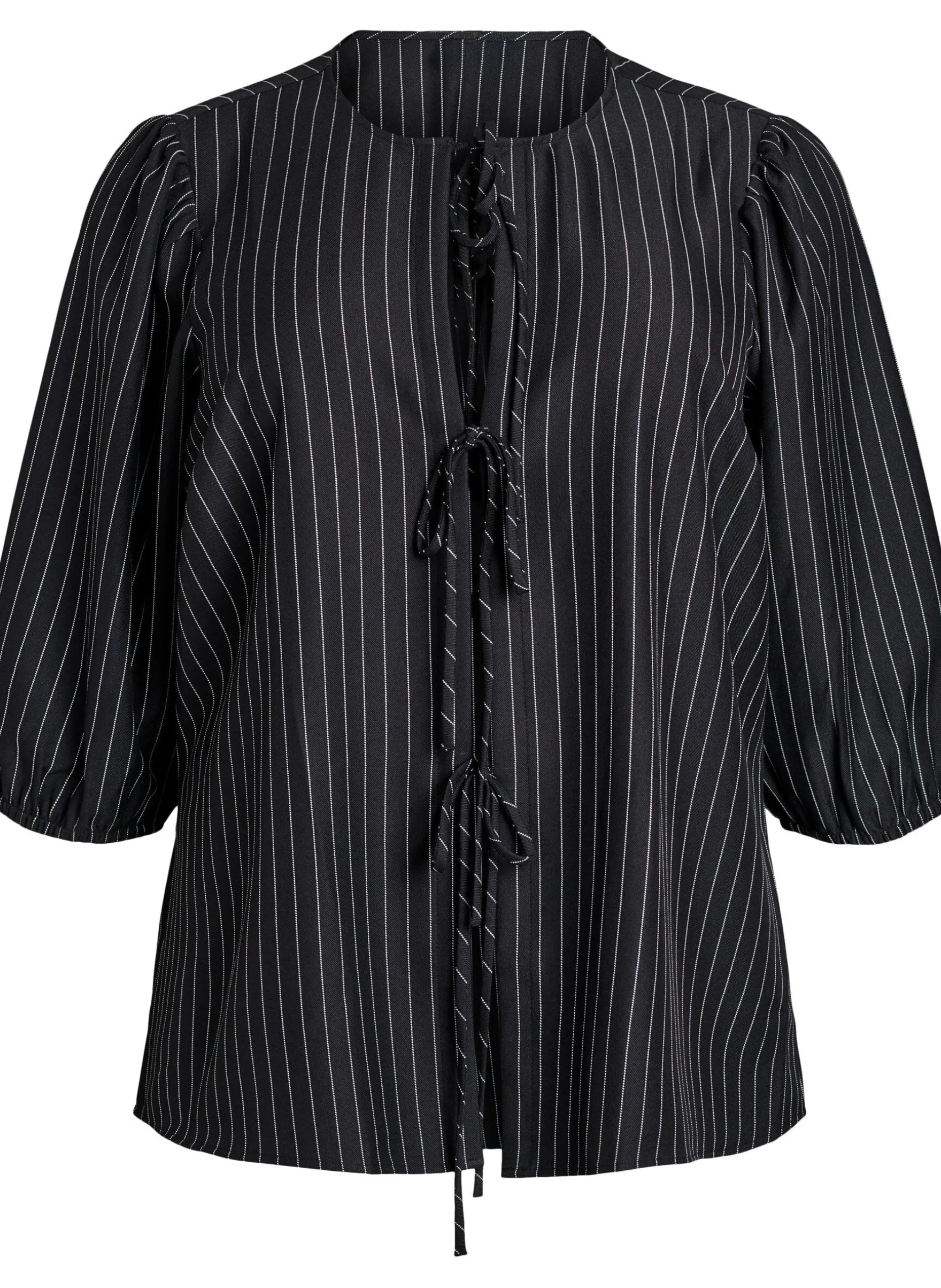 Bluse mit Nadelstreifen und Bindebändern