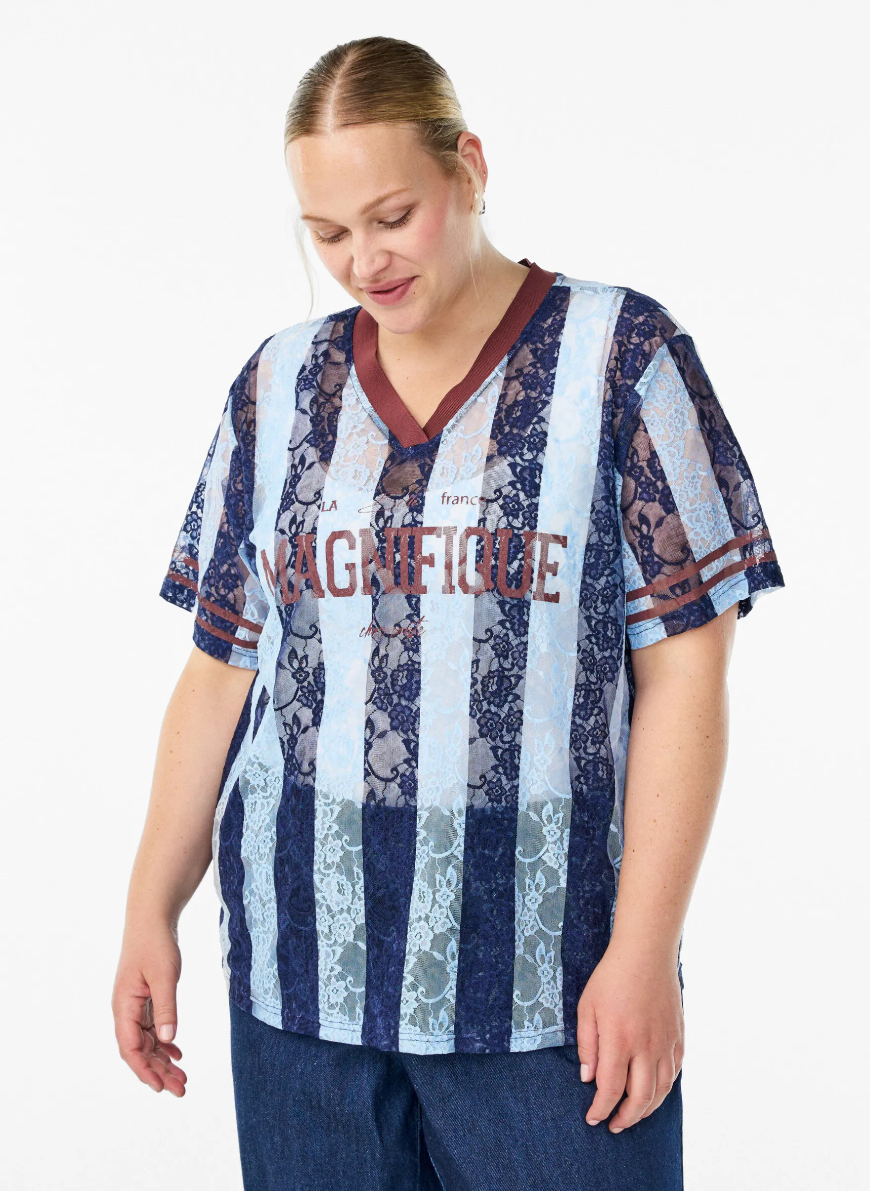 Bluse mit Spitzendetails und Statement-Print