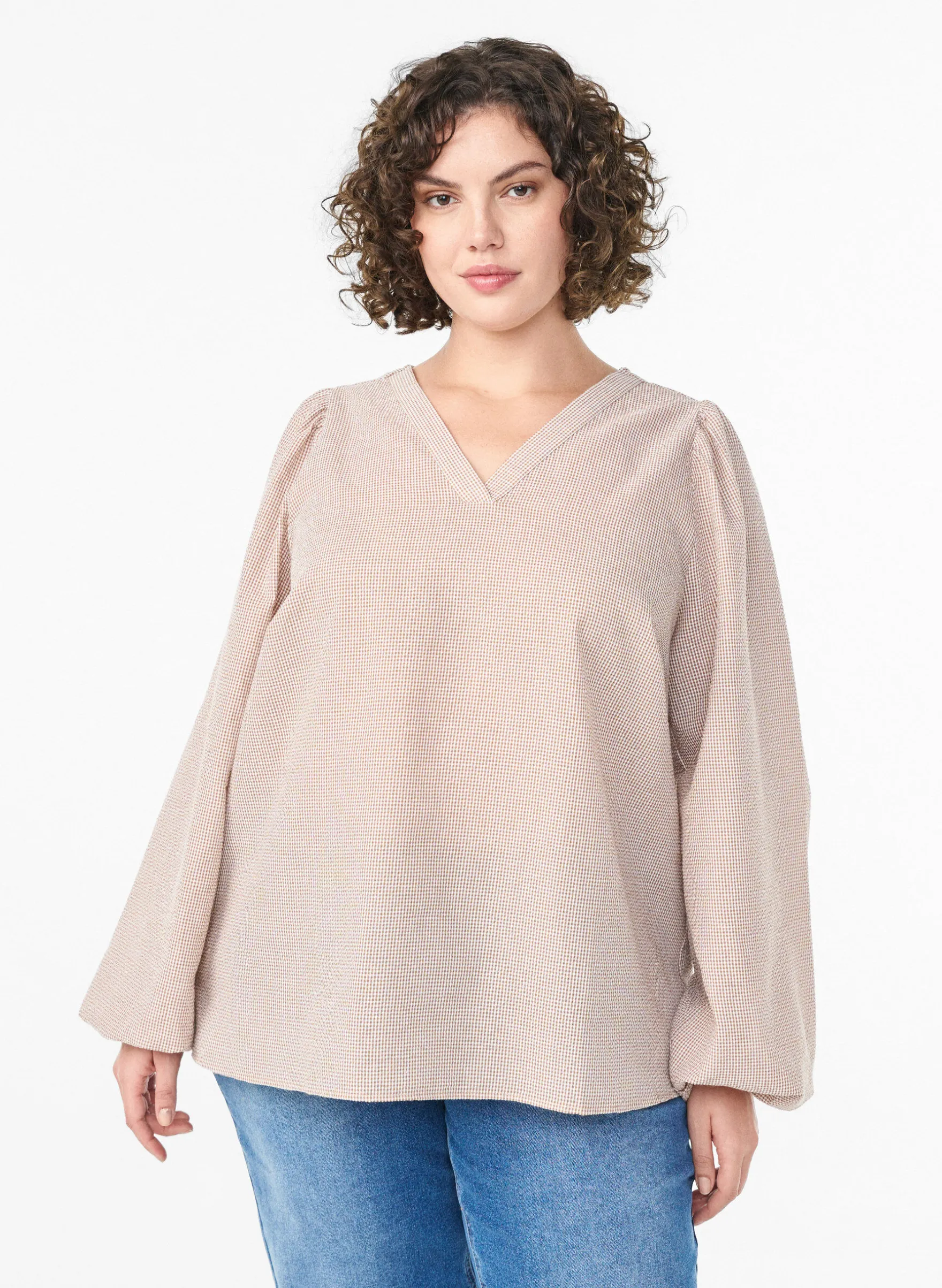 Bluse mit V-Ausschnitt und kleinen Karos