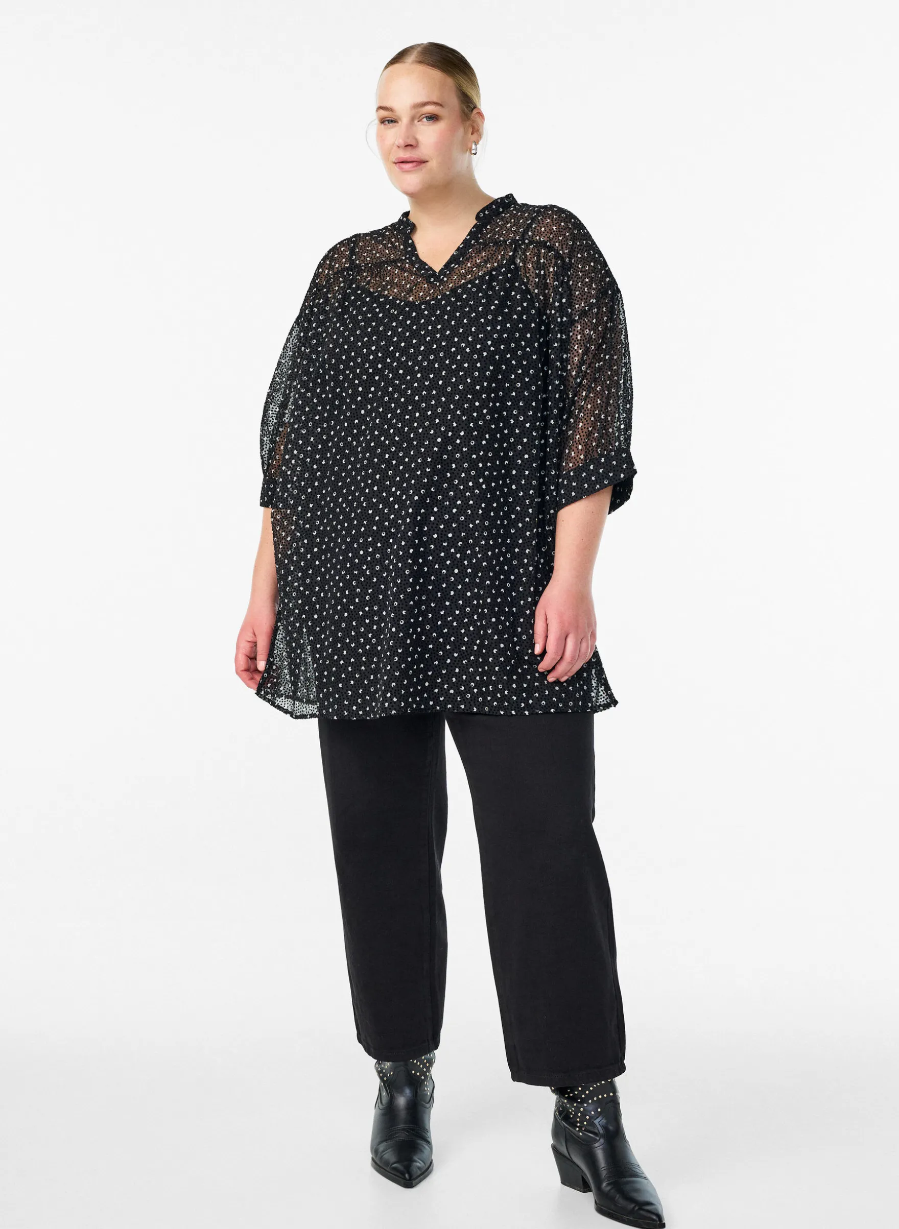 Chiffontunika mit Samtpunkte-Muster