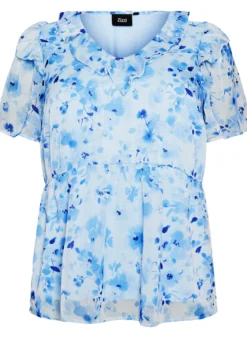 Geblümte Bluse mit Rüschenkragen und Peplum-Effekt