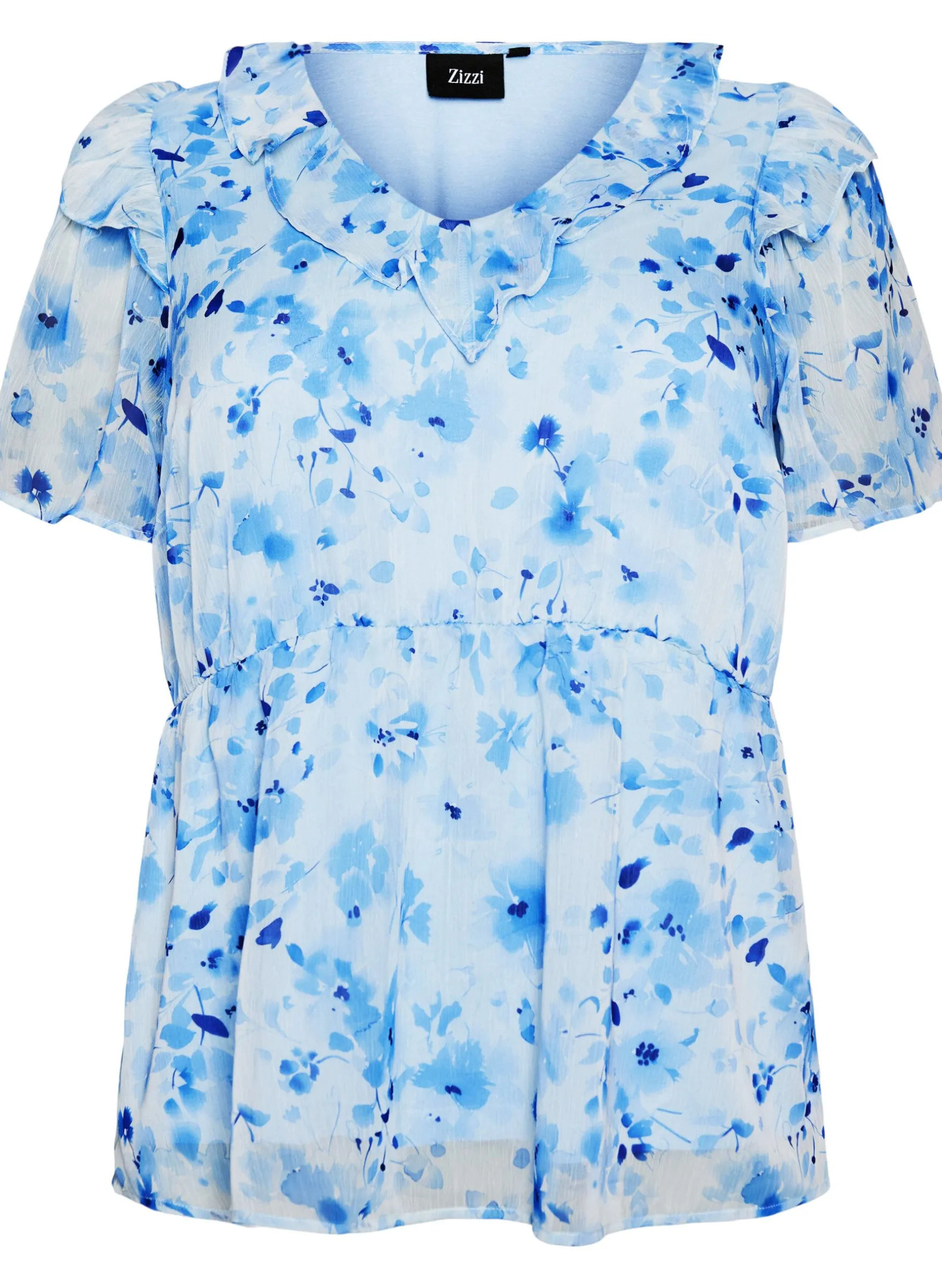Geblümte Bluse mit Rüschenkragen und Peplum-Effekt