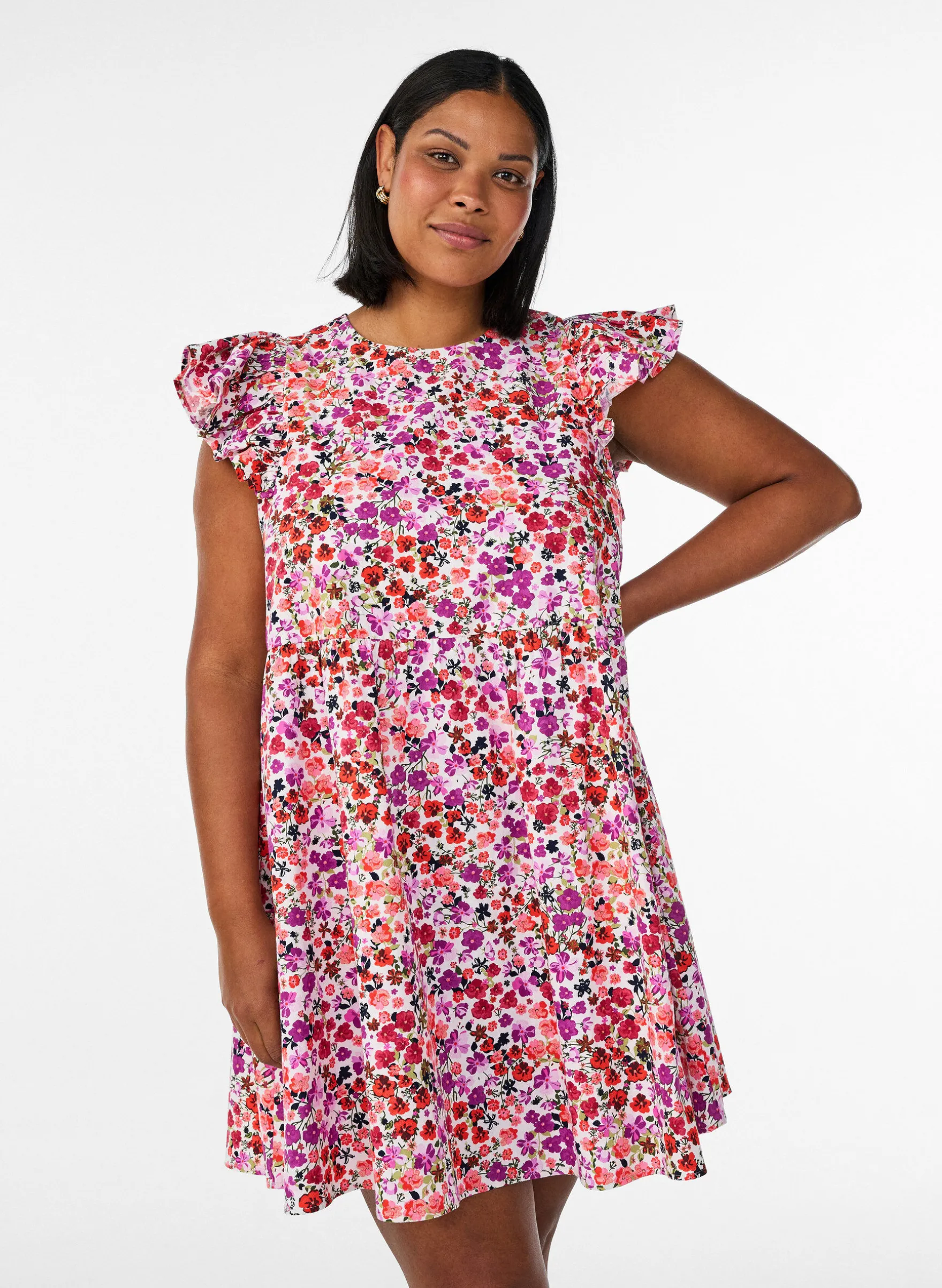 Geblümtes Kleid aus Baumwolle mit Rüschen und V-Ausschnitt