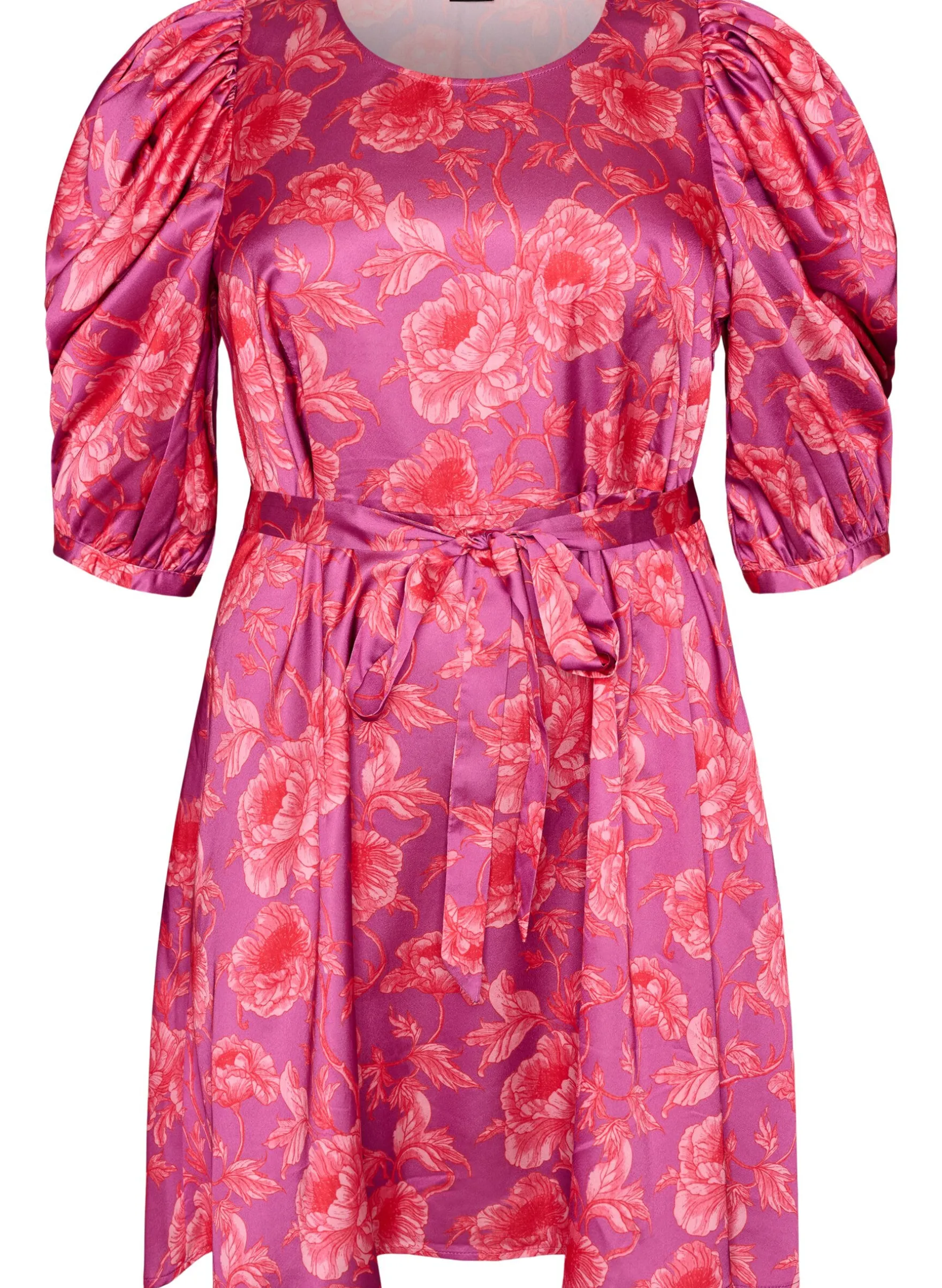 Geblümtes Kleid mit Puffärmeln und Bindegürtel