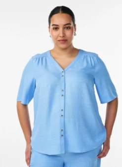 Hemdbluse mit V-Ausschnitt und kurzen Ärmeln
