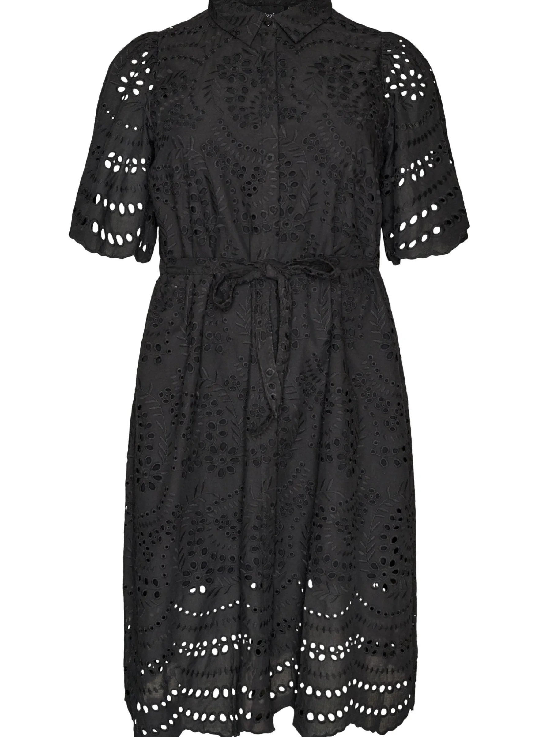 Hemdblusenkleid aus Broderie Anglaise mit Bindegürtel
