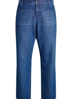 High-Waist-Jeans in gerader Passform mit Strasssteinen