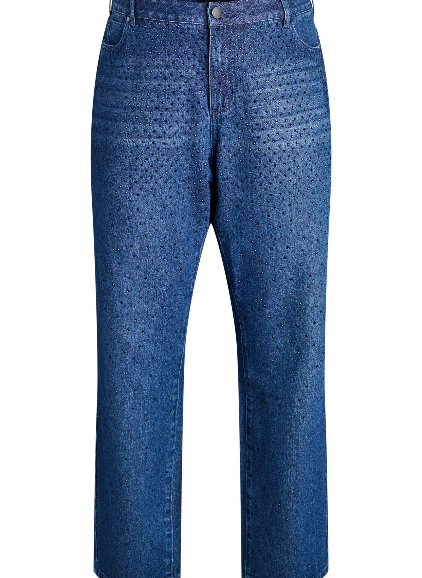 High-Waist-Jeans in gerader Passform mit Strasssteinen