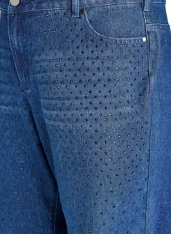 High-Waist-Jeans in gerader Passform mit Strasssteinen
