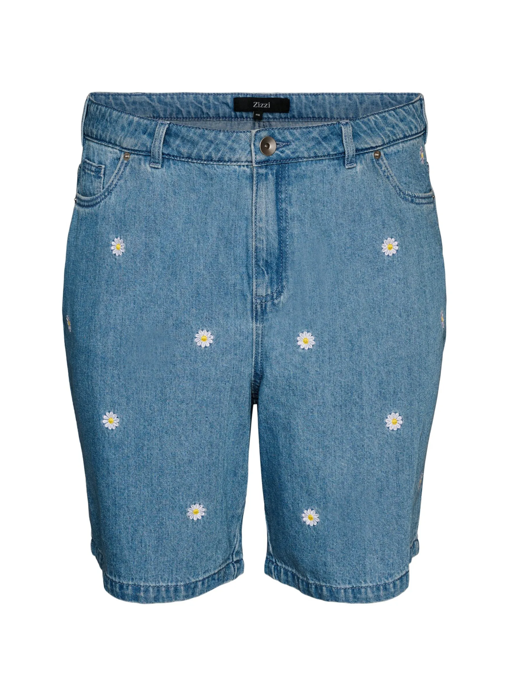 Hoch taillierte Jeansshorts mit geblümter Stickerei