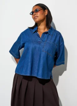 Jeansbluse mit Brusttasche und ellenbogenlangen Ärmeln