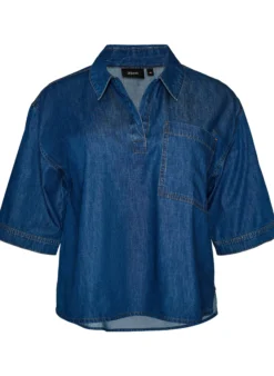 Jeansbluse mit Brusttasche und ellenbogenlangen Ärmeln