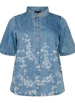 Jeanshemd mit Blumenprint und kurzen Ärmeln
