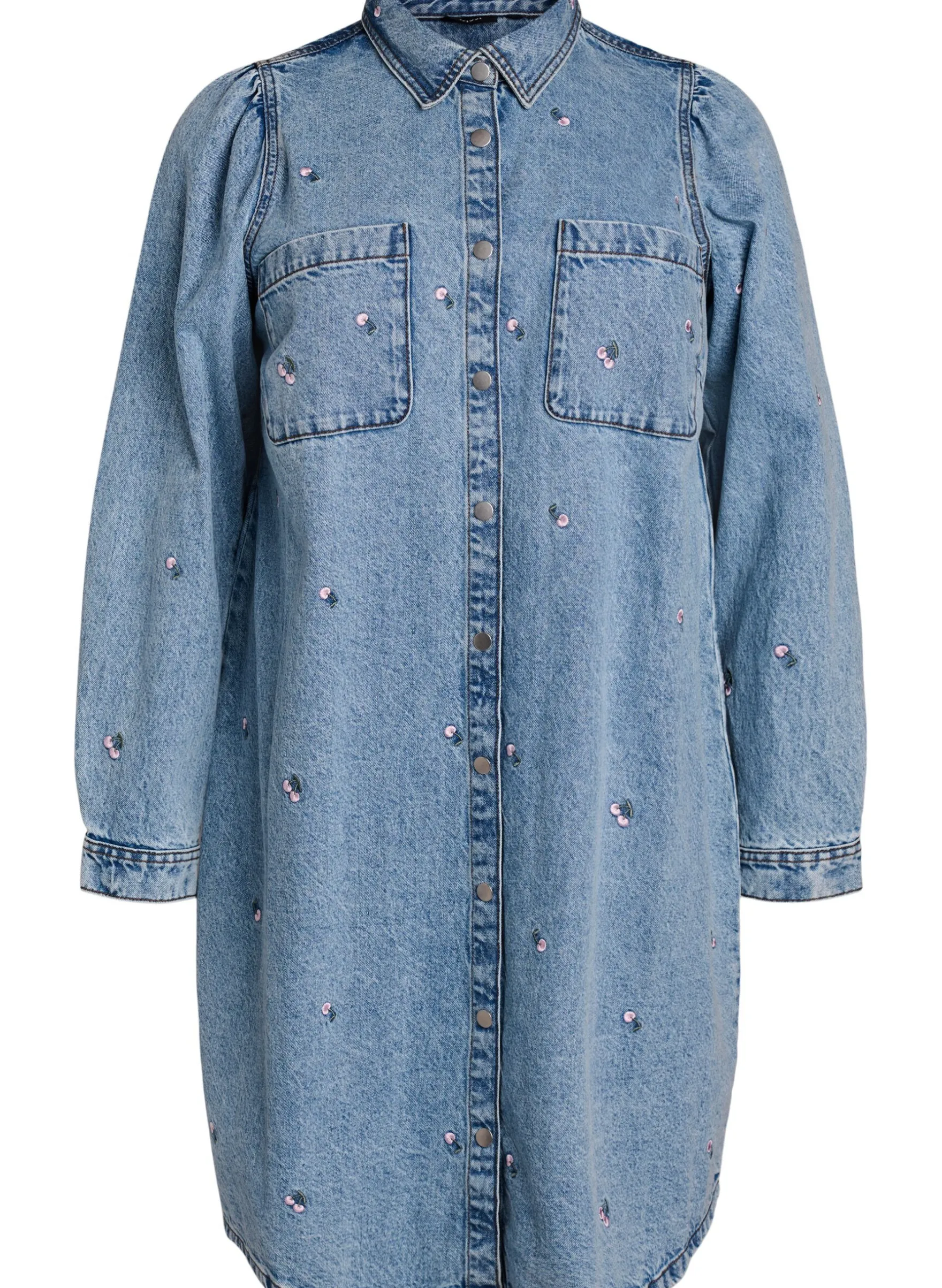 Jeanskleid mit Kirschen und Brusttaschen