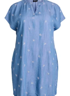Kleid aus Lyocell mit Denim-Look und bestickten Blumen