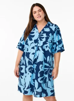 Kleid in Knielänge mit Print und V-Ausschnitt