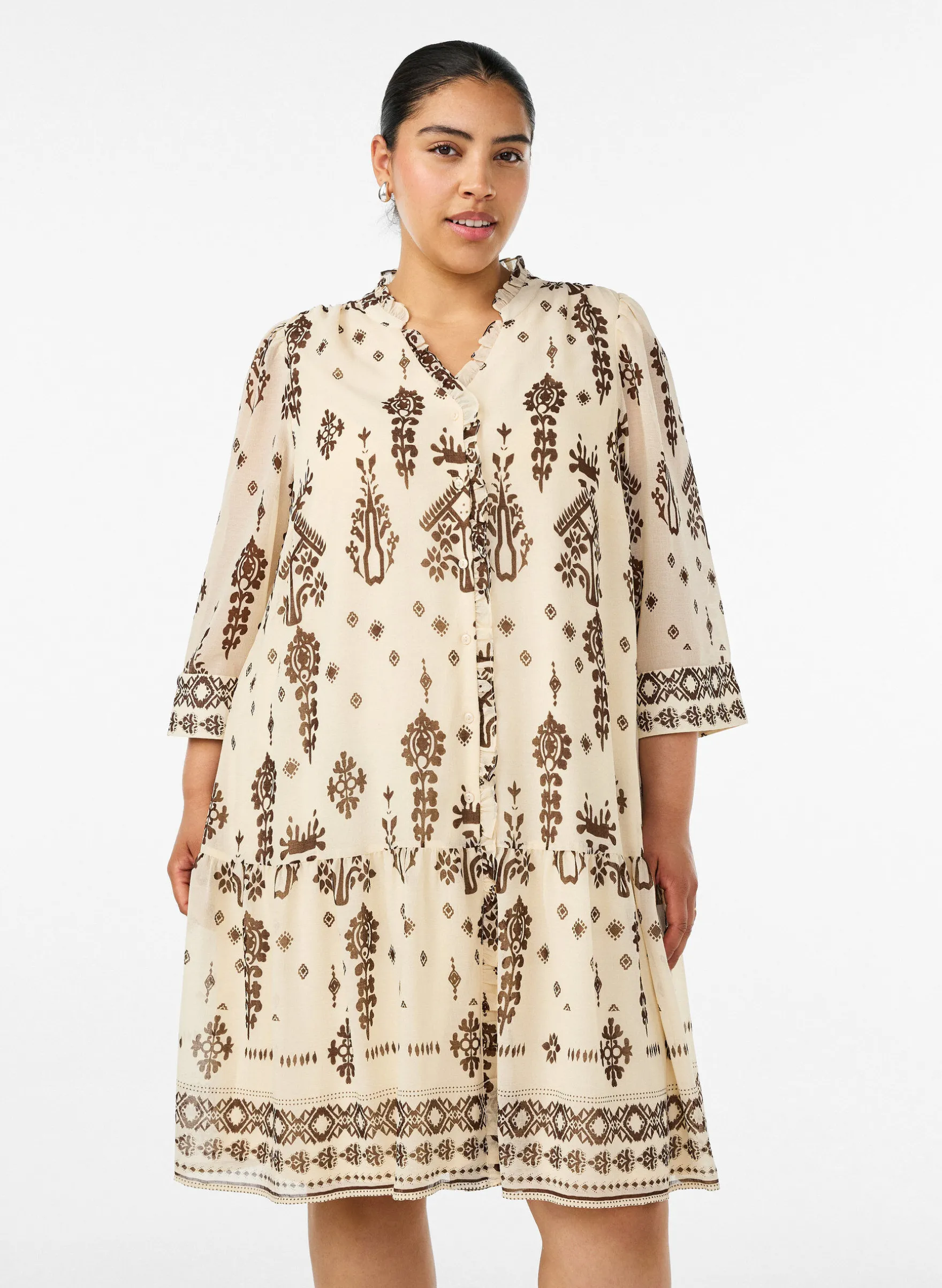 Kleid mit Ornament-Print und Rüschenkragen