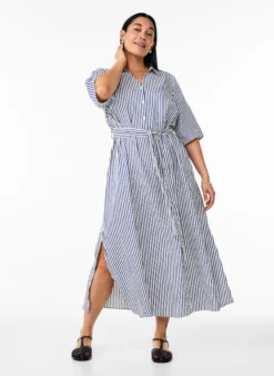 Knöchellanges Hemdblusenkleid mit Bindegürtel und Streifen