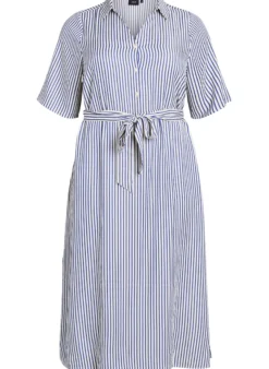 Knöchellanges Hemdblusenkleid mit Bindegürtel und Streifen