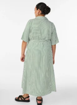 Knöchellanges Hemdblusenkleid mit Bindegürtel und Streifen