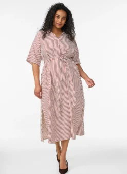 Knöchellanges Hemdblusenkleid mit Bindegürtel und Streifen