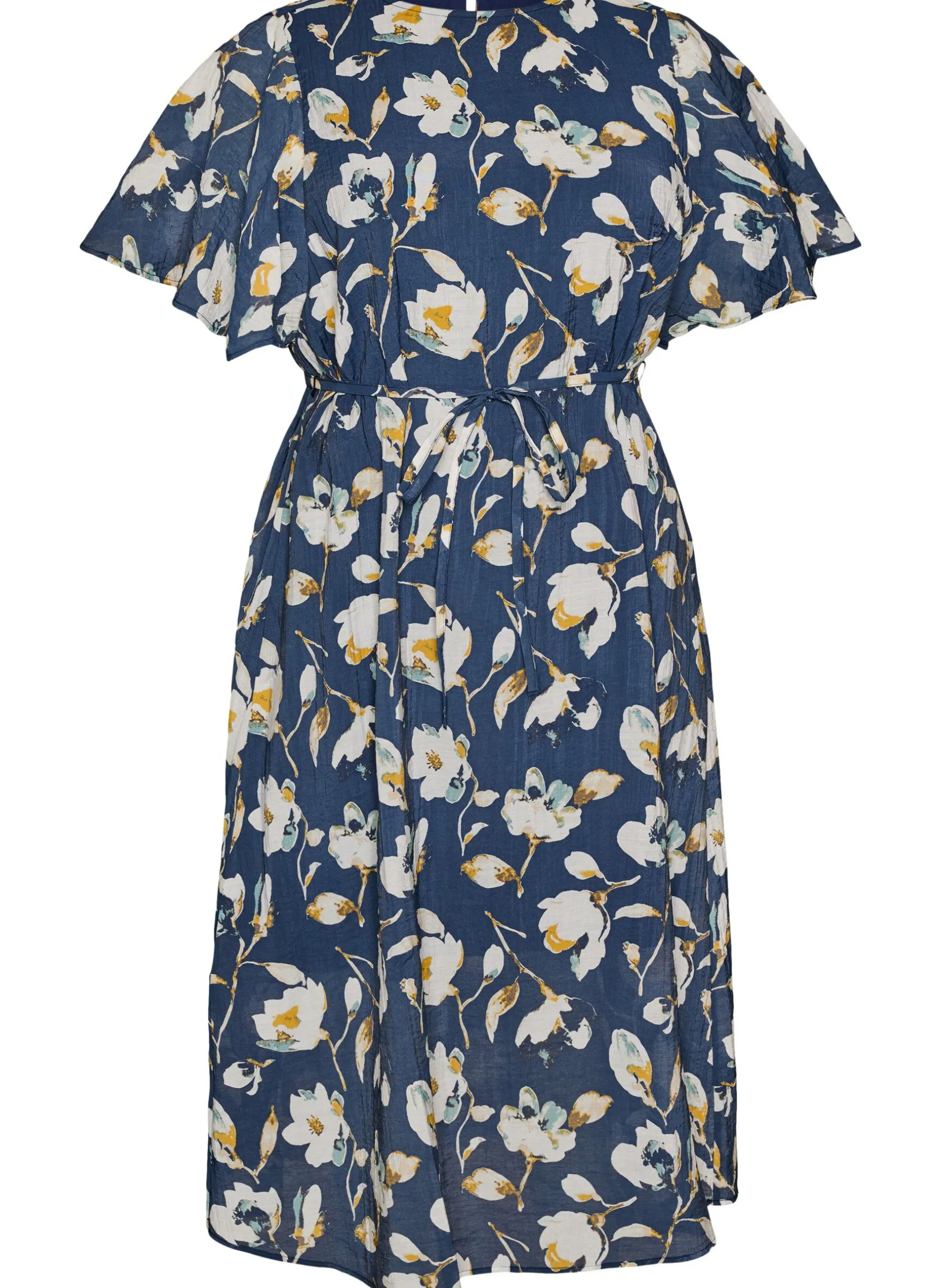 Knöchellanges Kleid mit Flügelärmeln und Bindegürtel