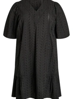 Knielanges Kleid aus Baumwolle mit Stickerei und V-Ausschnitt