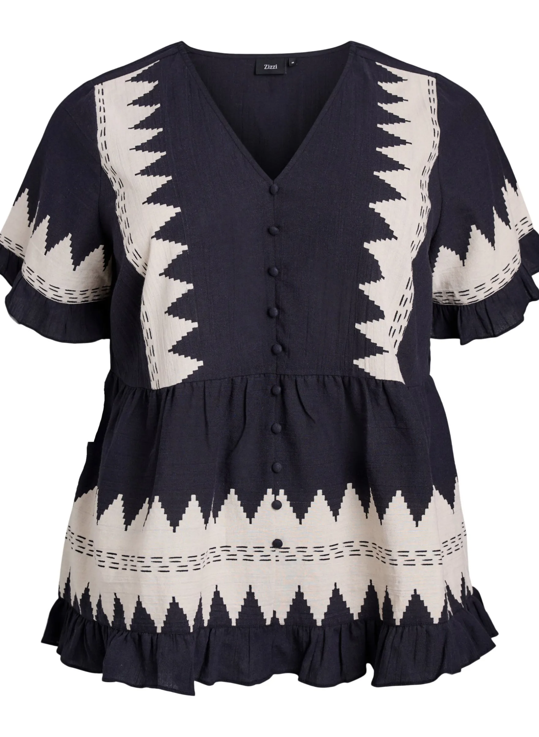 Kurze Bluse mit Rüschen und Grafikmuster