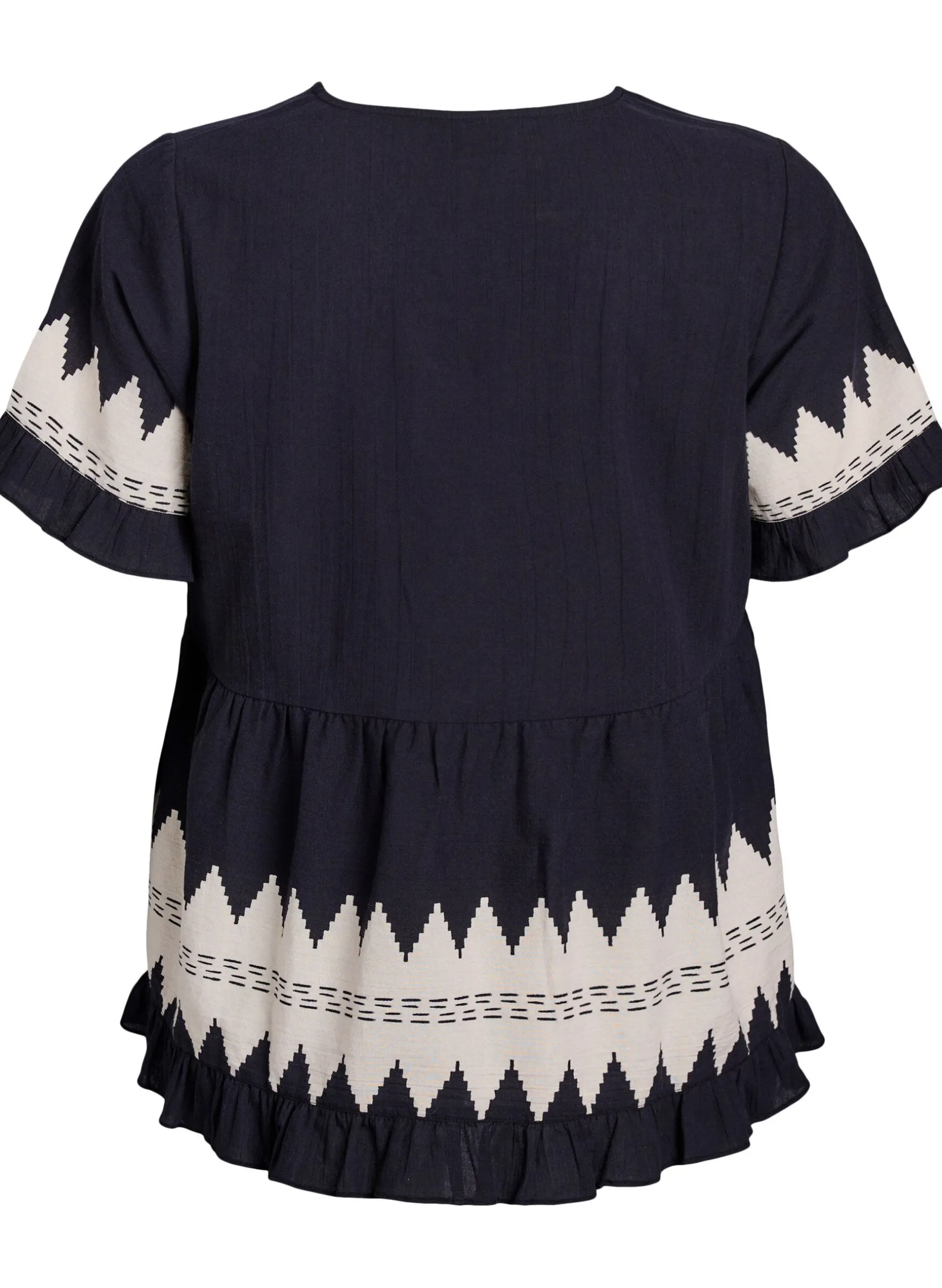 Kurze Bluse mit Rüschen und Grafikmuster