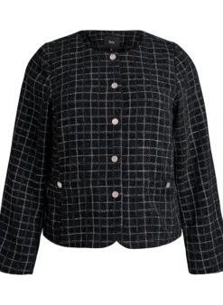 Kurzer karierter Bouclé-Blazer mit Rundhalsausschnitt