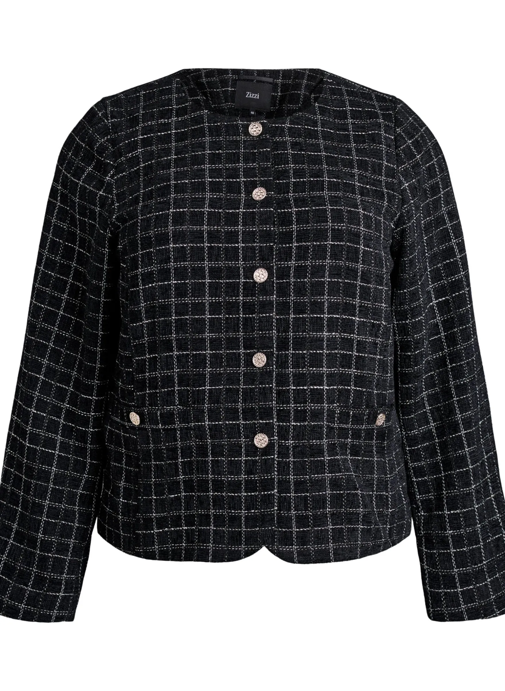 Kurzer karierter Bouclé-Blazer mit Rundhalsausschnitt