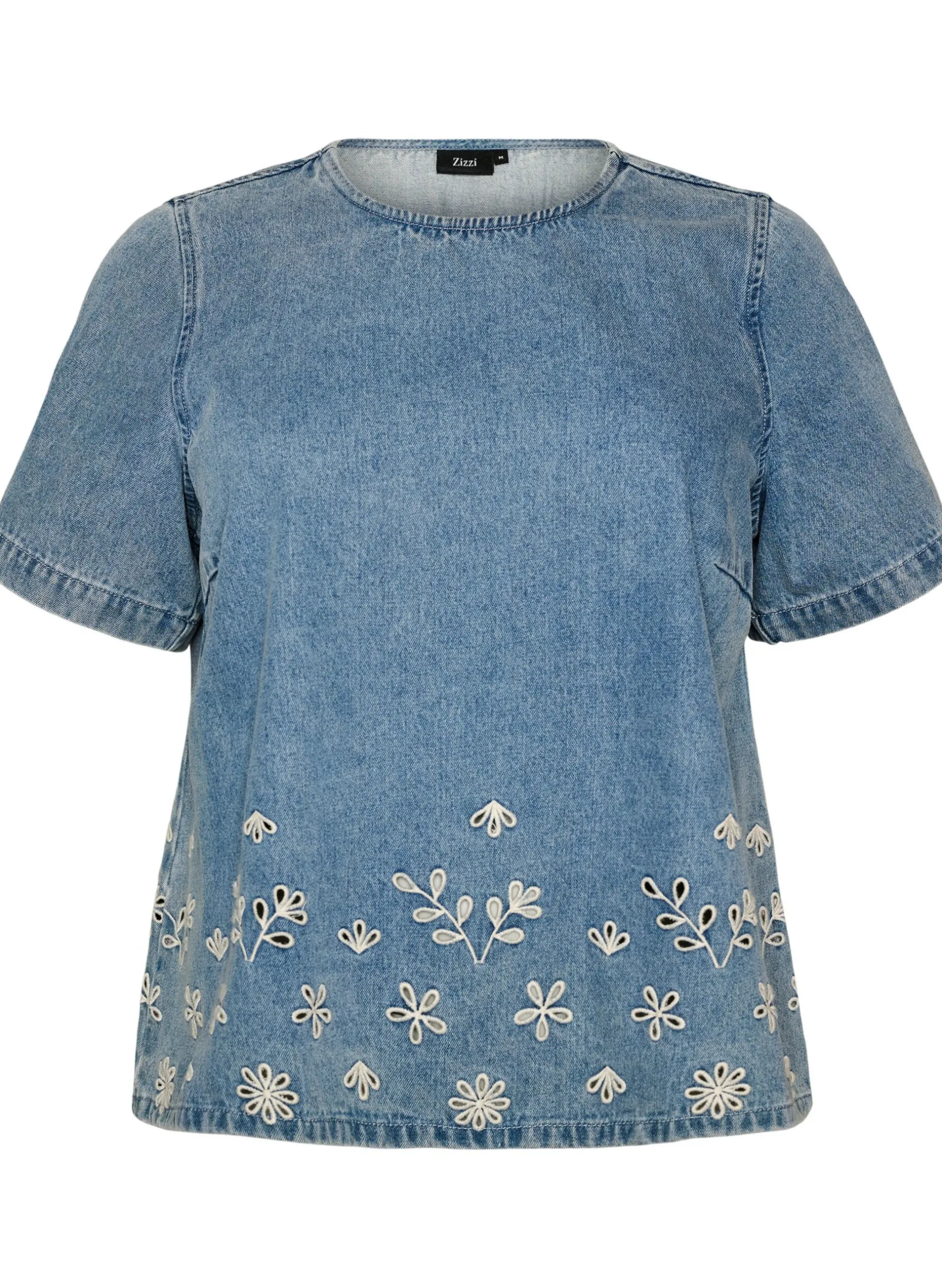 Kurzärmelige Jeansbluse mit Lochstickerei