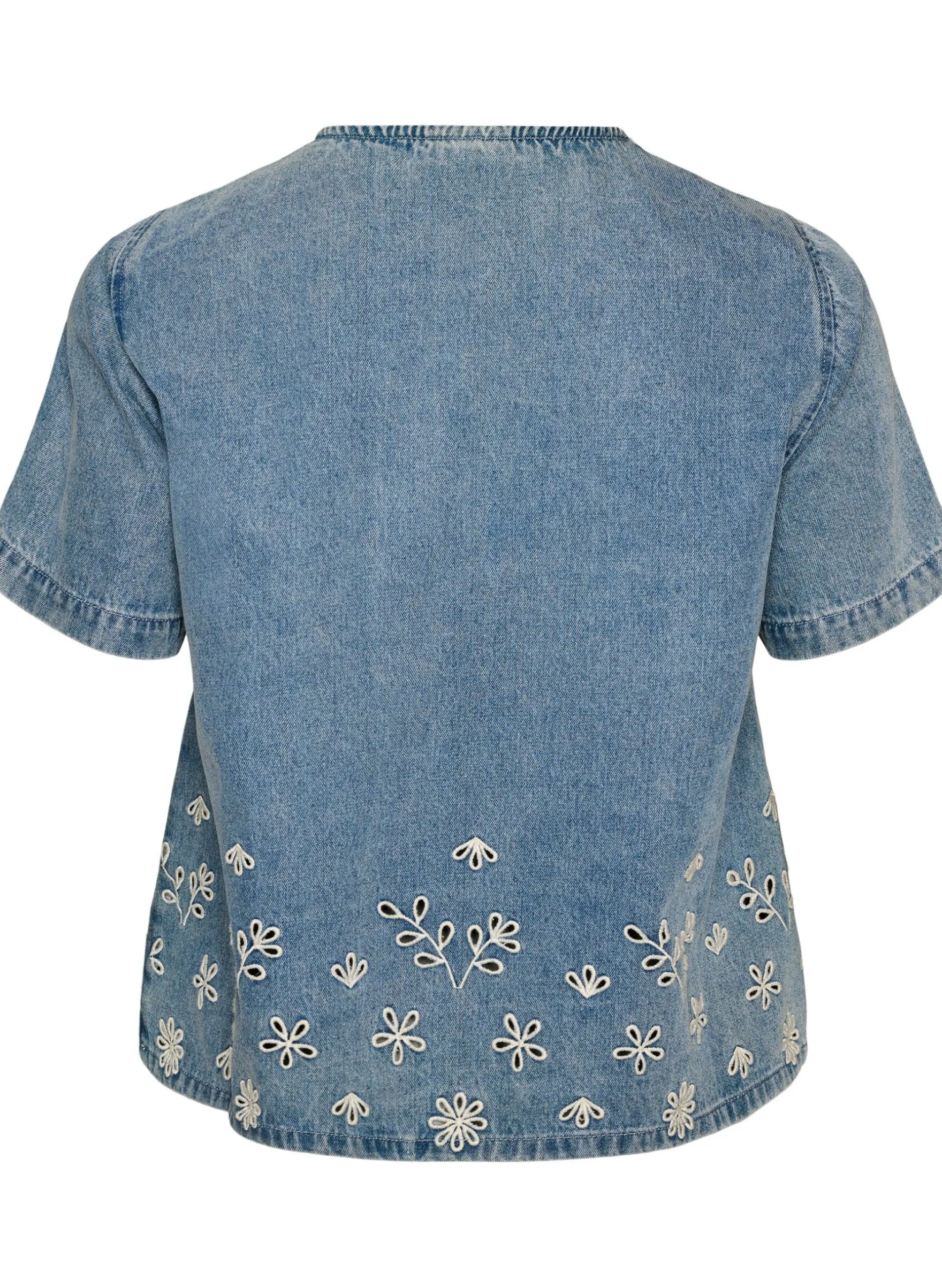 Kurzärmelige Jeansbluse mit Lochstickerei