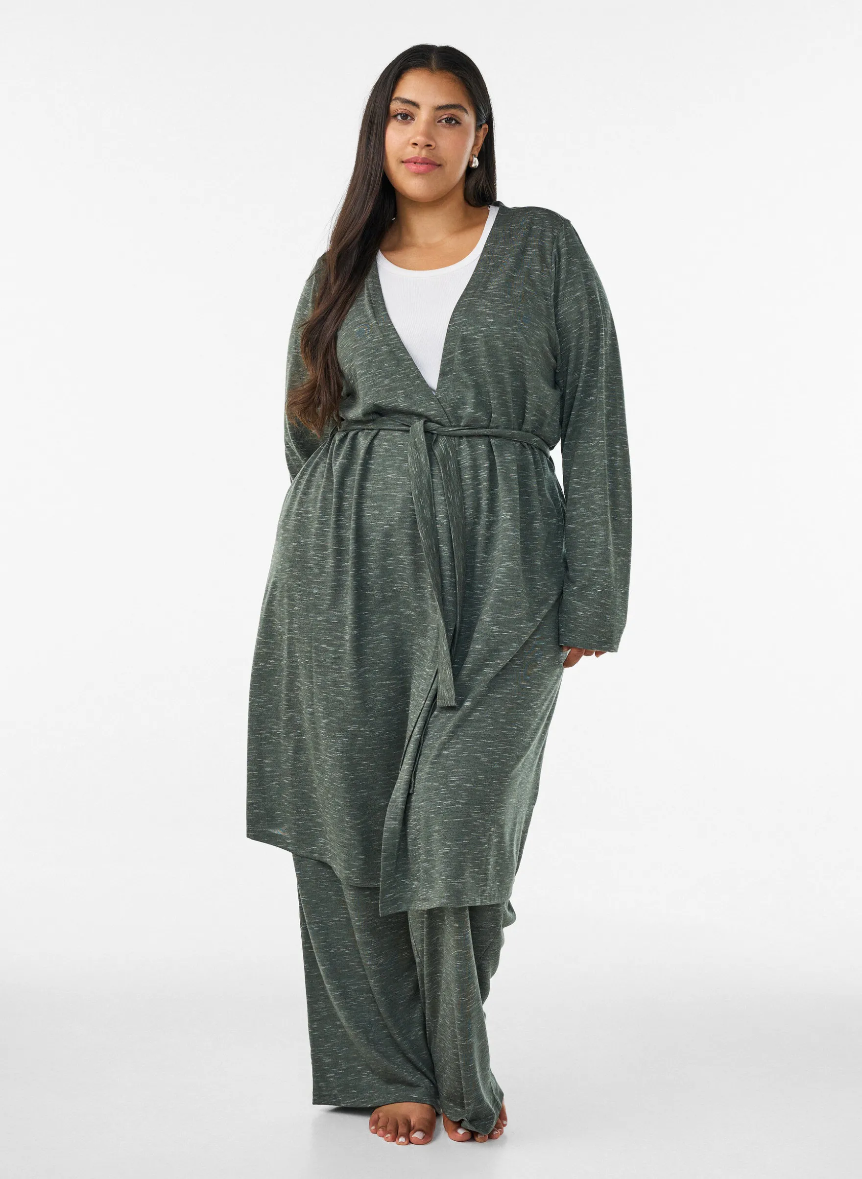 Lange Jersey-Strickjacke mit Bindegürtel