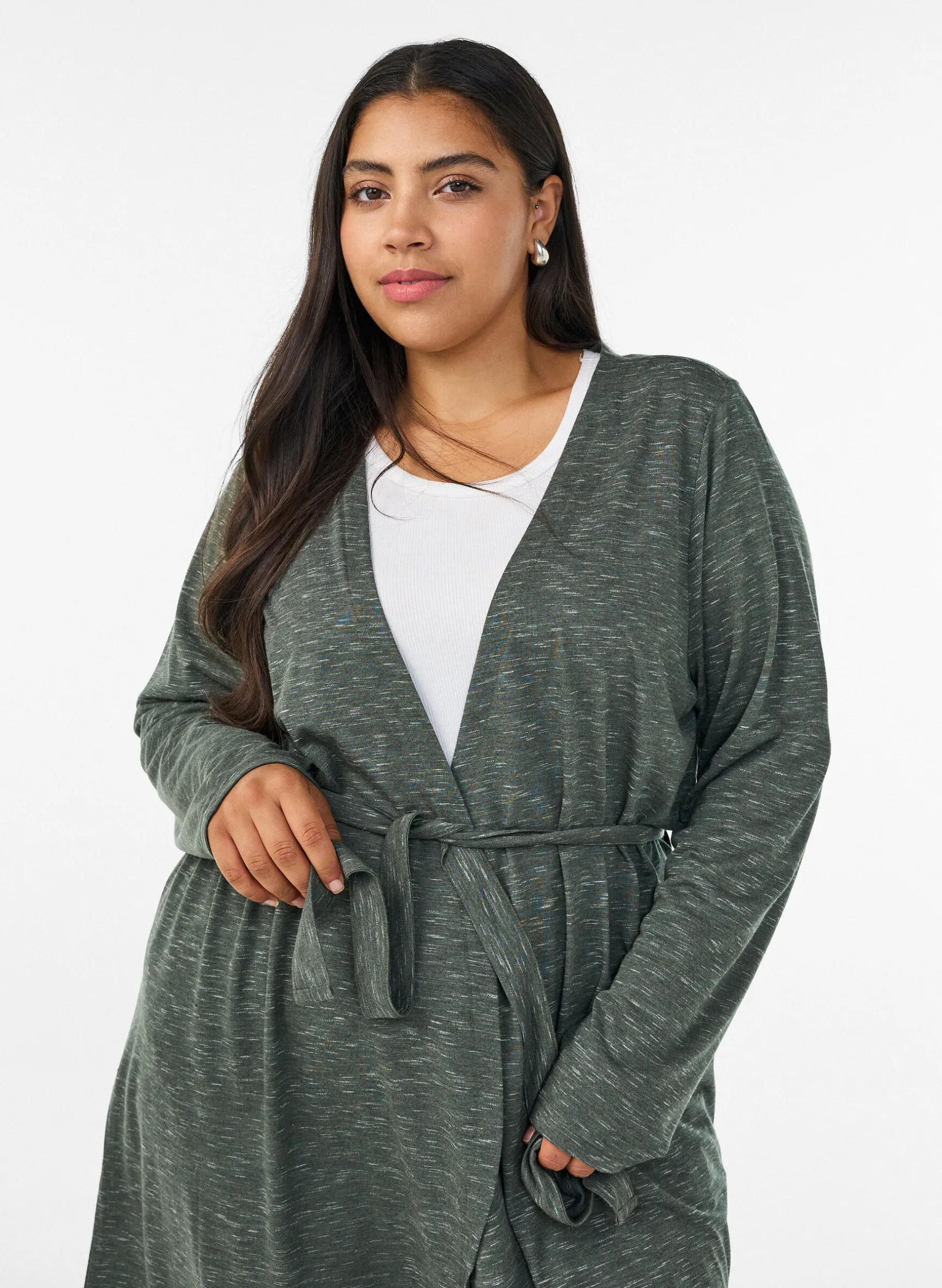 Lange Jersey-Strickjacke mit Bindegürtel