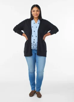 Lange offene Strickjacke mit Taschen