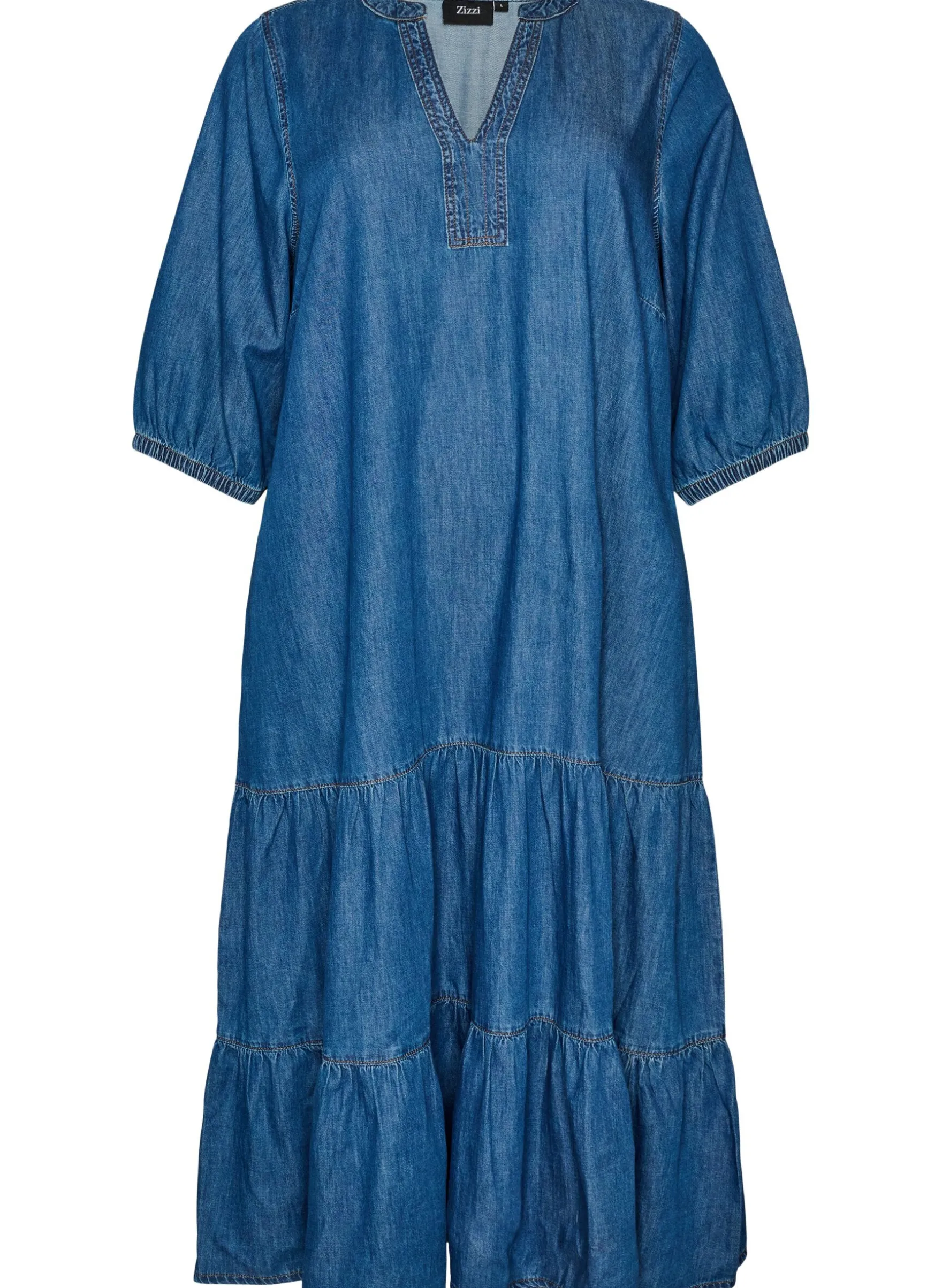 Maxikleid aus Denim mit gerüschten Stufen