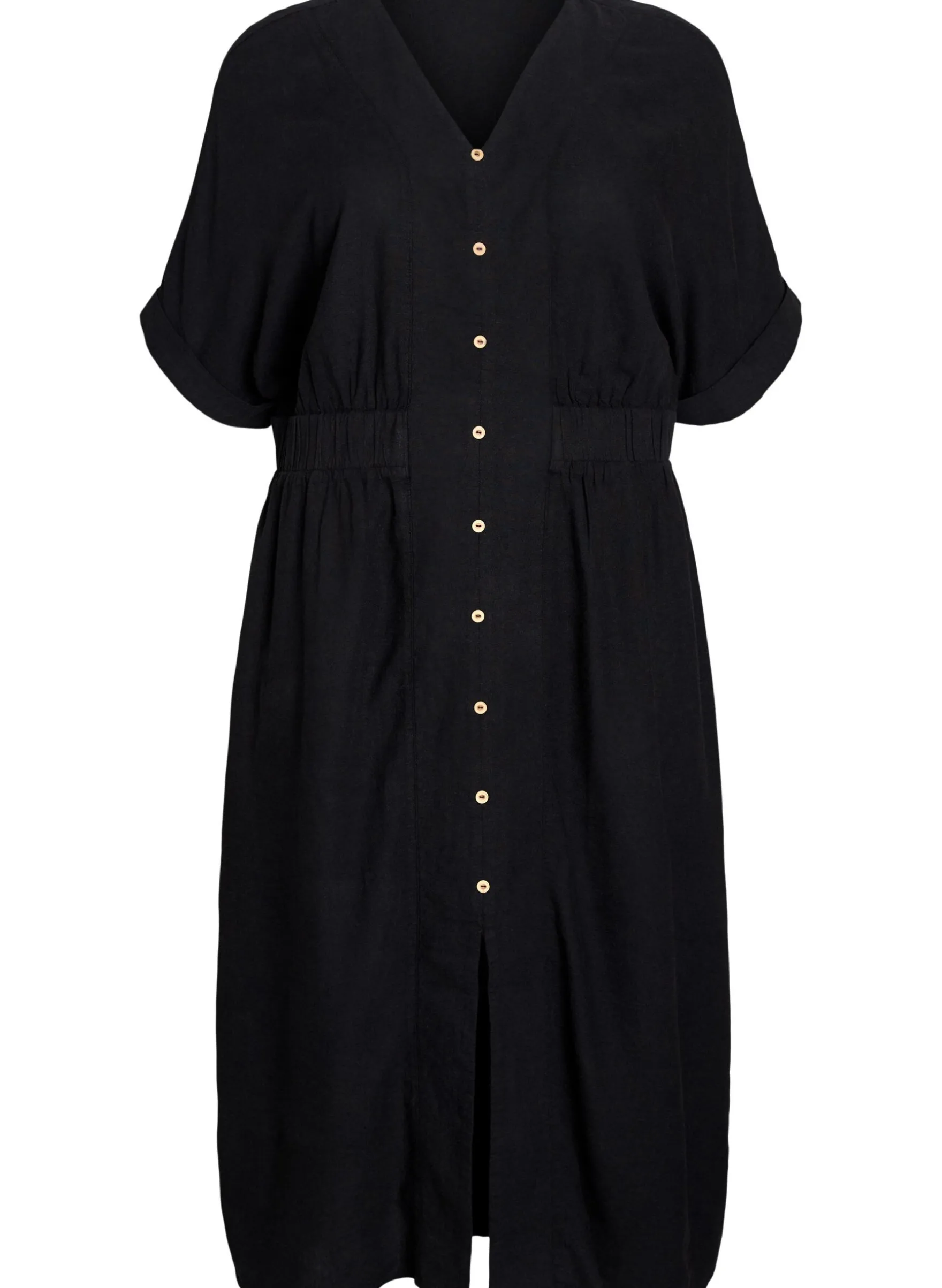 Midikleid aus Leinen und Viskose mit vorderen Schlitzen.
