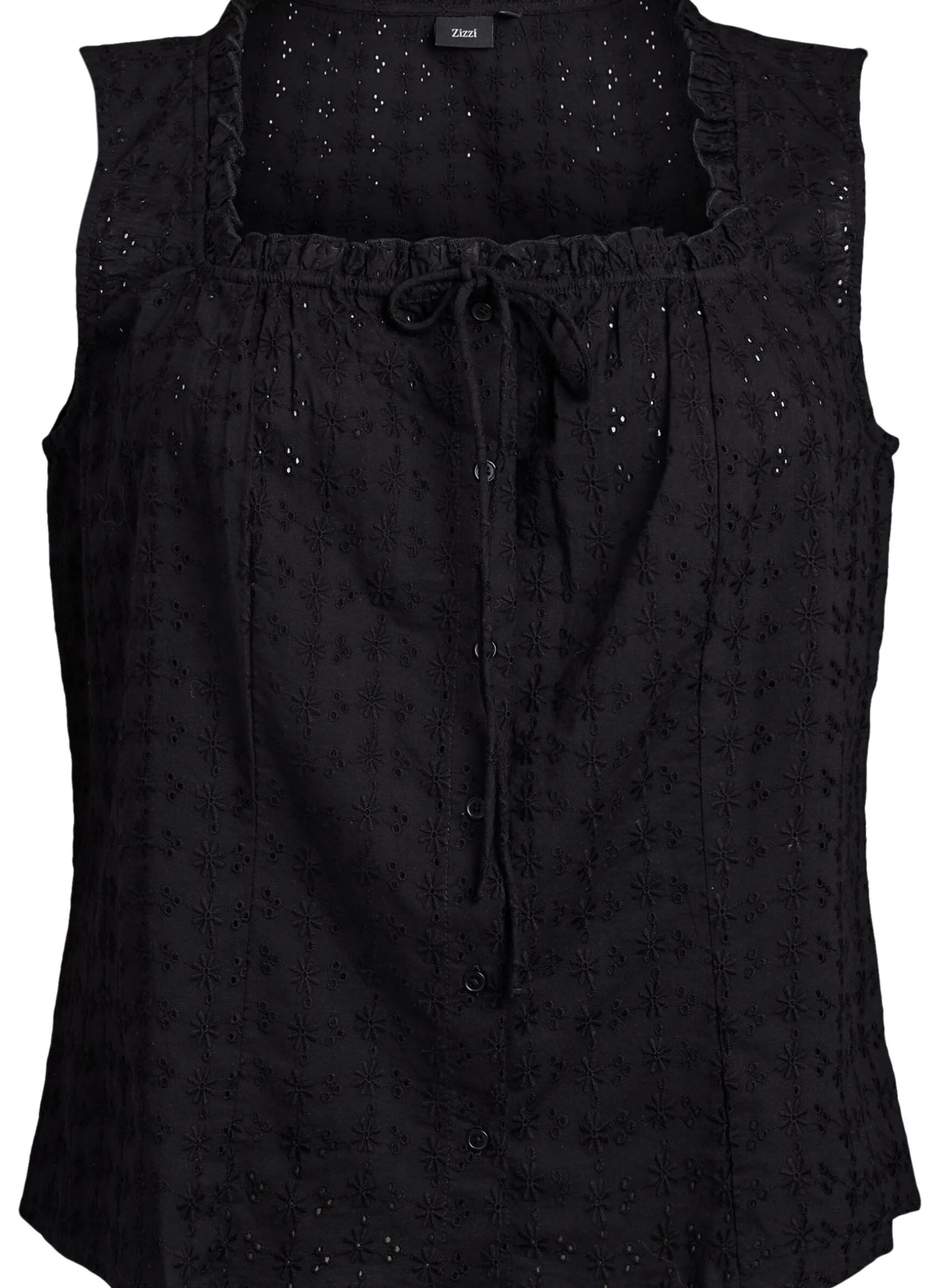 Ärmellose Bluse mit Lochstickerei und Rüschen