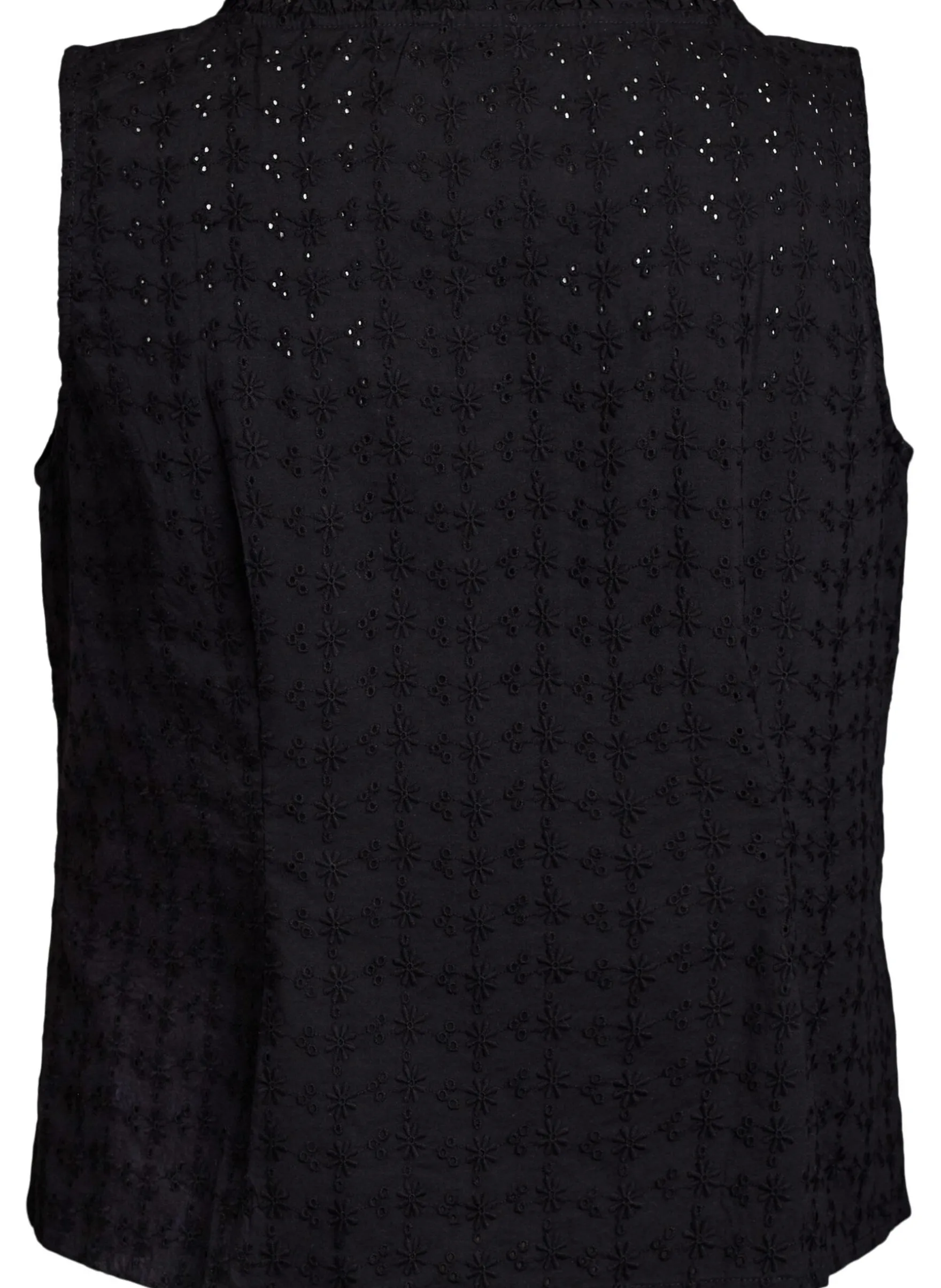 Ärmellose Bluse mit Lochstickerei und Rüschen
