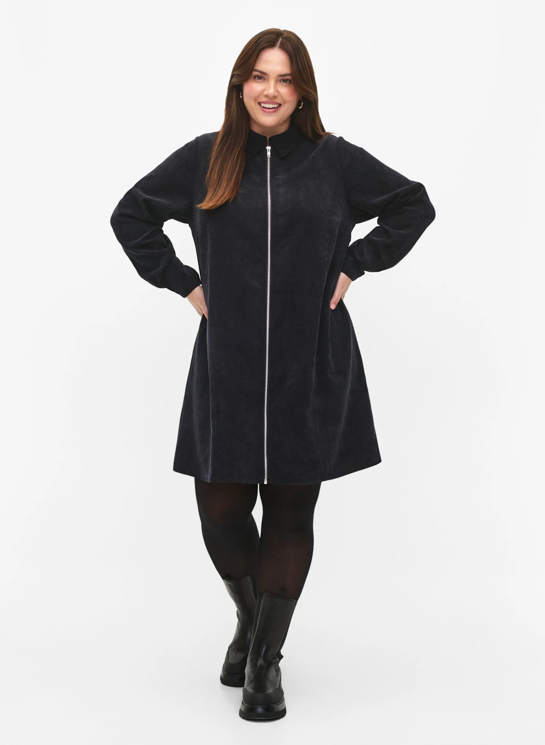 Samtkleid mit Reißverschluss und 3/4-Ärmeln