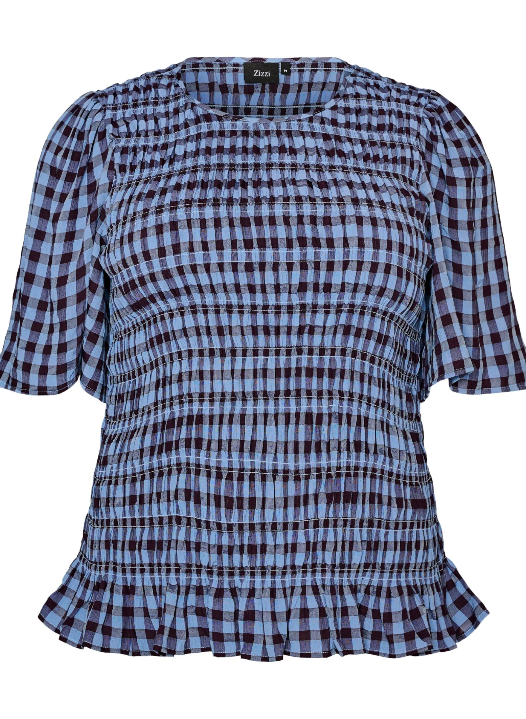 Smockbluse mit Vichy-Karo und Rüschensaum
