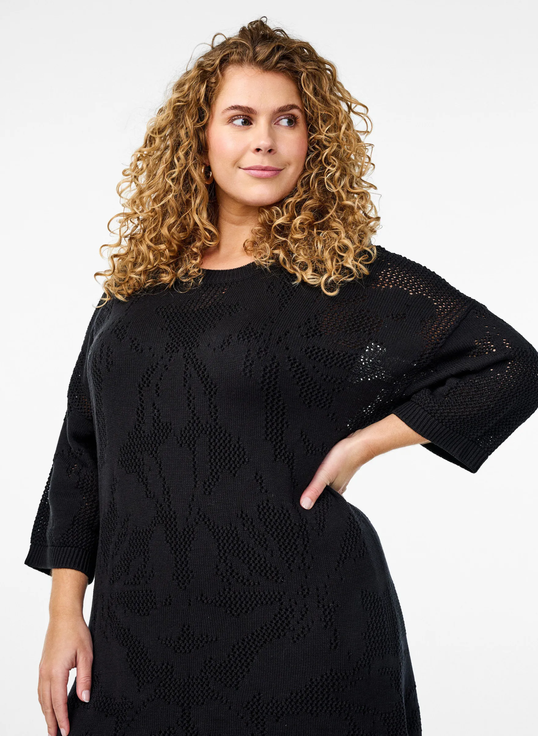 Strickkleid mit Ajourmuster und 3/4-Ärmeln
